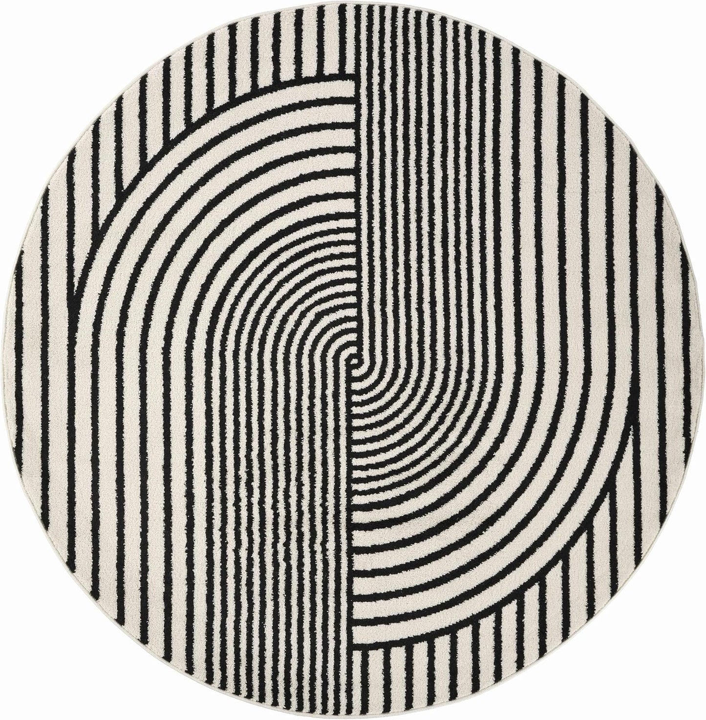 Abani Nuevo Collection Area Rug - Mid-Century Black and White Arch Knot Design - 6' Round - for Living Room, Bedroom & Office