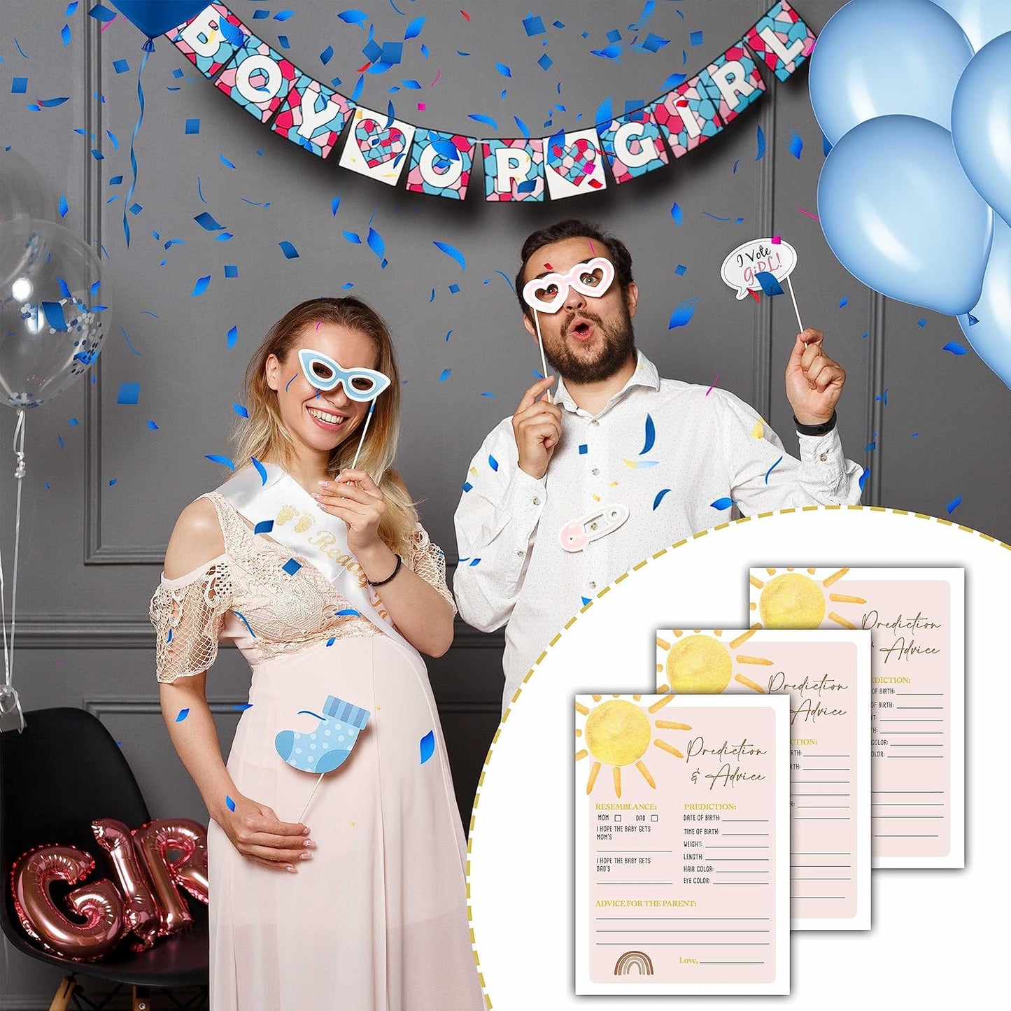 Boho Sunshine 30 Baby Predictions and Advice Cards, Gender Reveal Party Supplies Favors (5"x7") - D02