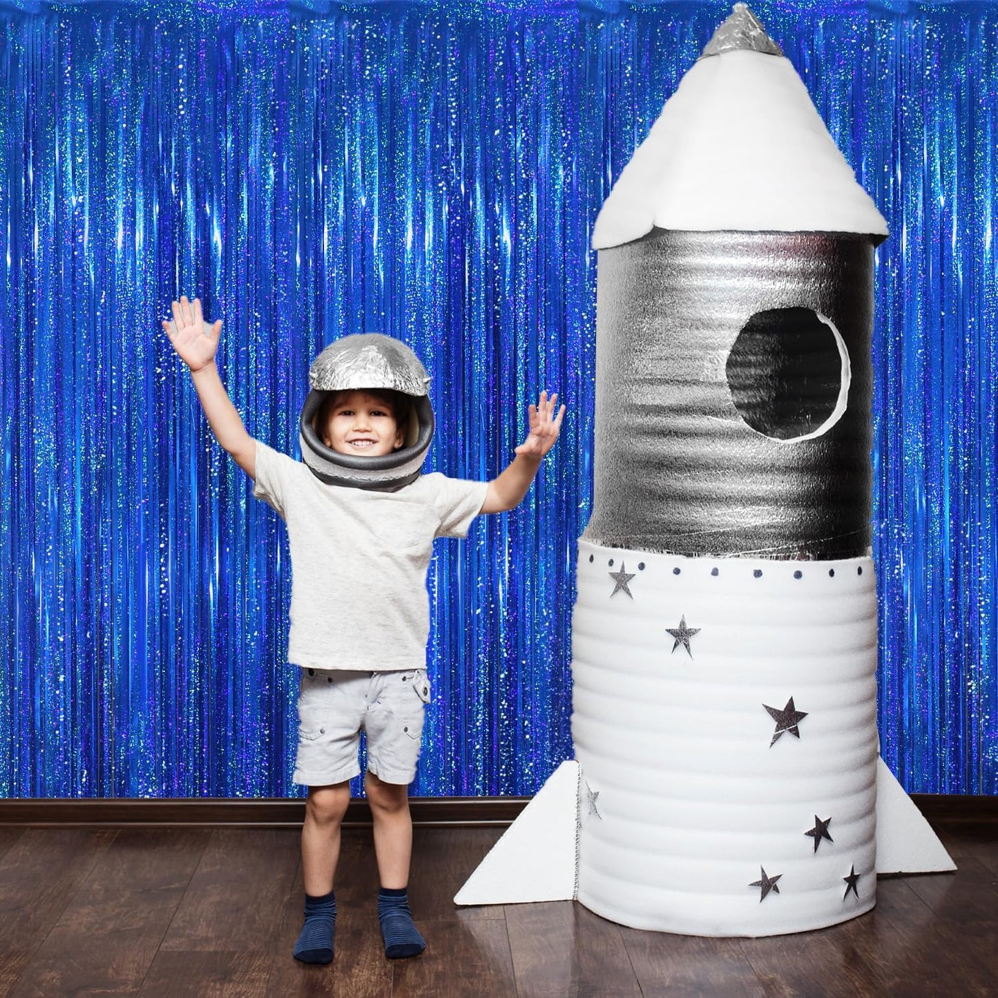 GOER 3.2 ft x 8.2 ft Metallic Tinsel Foil Fringe Curtains Party Photo Backdrop Party Streamers for Birthday,Graduation,New Year Eve Decorations Wedding Decor(5 Packs,Shiny Blue)