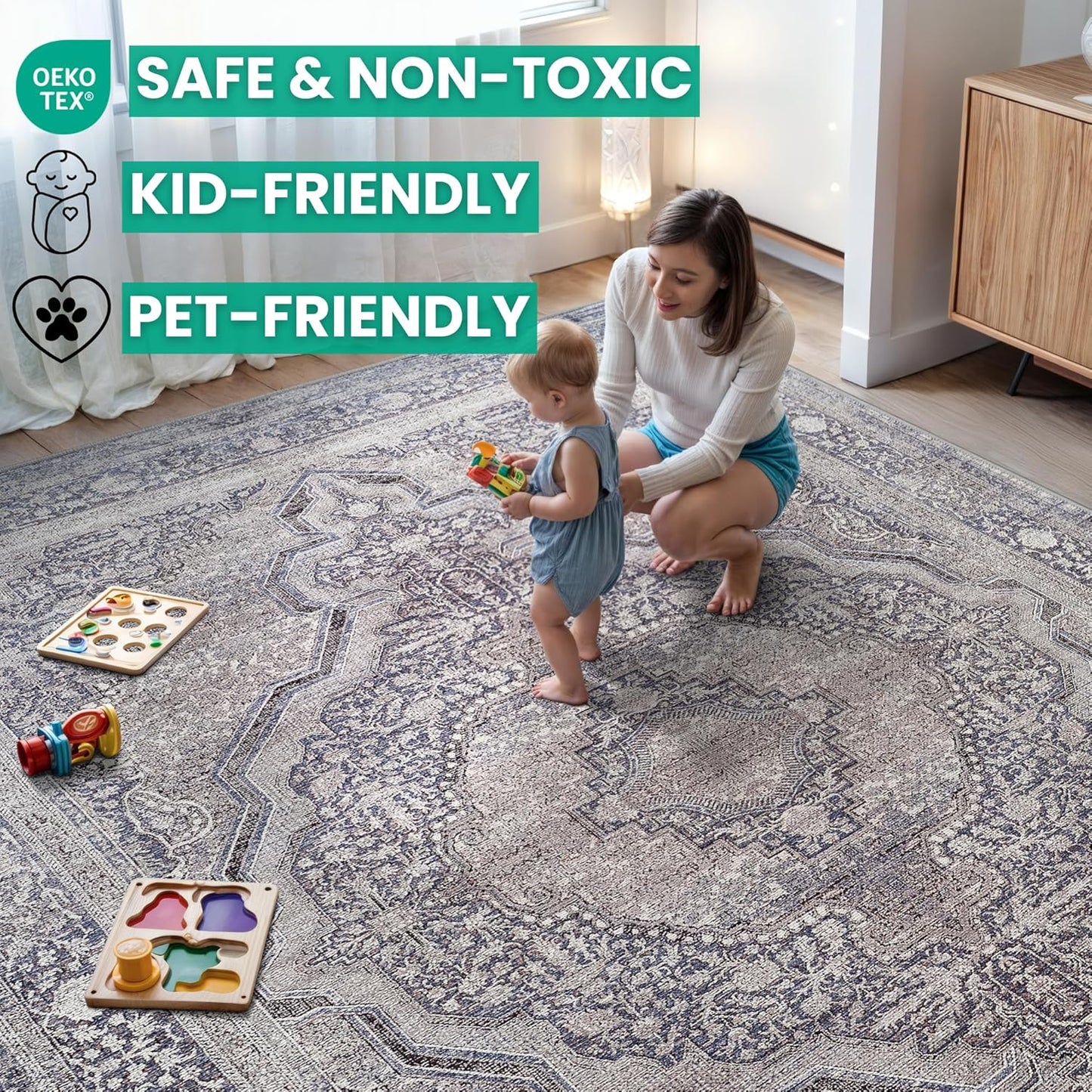 Bloom Rugs Washable Non-Slip 4' x 6' Rug - Blue/Steel Gray/Beige Traditional Medallion Area Rug for Living Room, Bedroom, Dining Room, and Kitchen - Exact Size: 4' x 6'