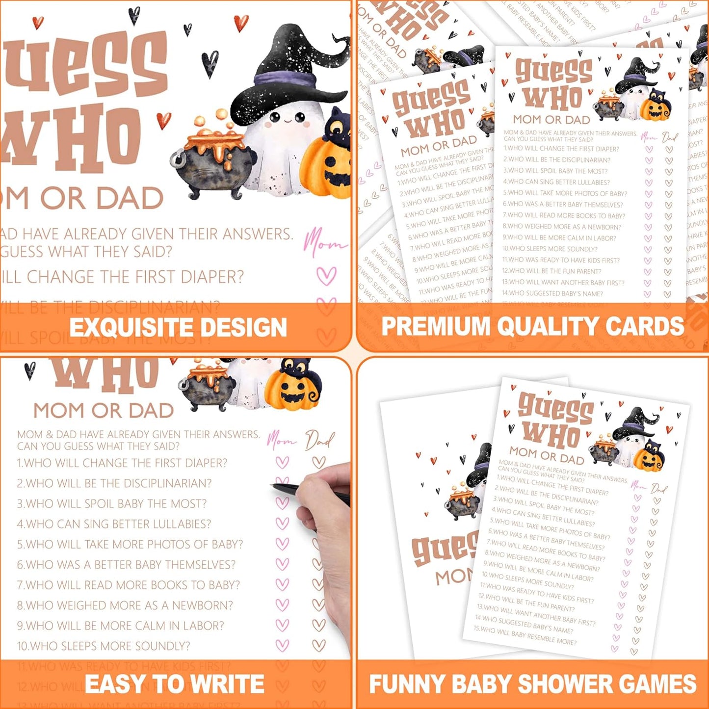 Baby Shower Games, Halloween Guess Who Mom or Dad, 25 Double-Sided Game Cards for Gender Reveal Party Decorations Supplies Announcement - B01