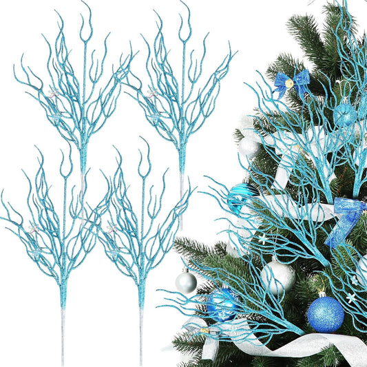 8 Pcs Blue Coastal Ornaments for Christmas Tree Artificial 15.7inch Glitter Coastal Ocean Branch Artificial Flowers Christmas Tree Filler Twigs Plants Xmas Ornaments for Vase Gift Wreath