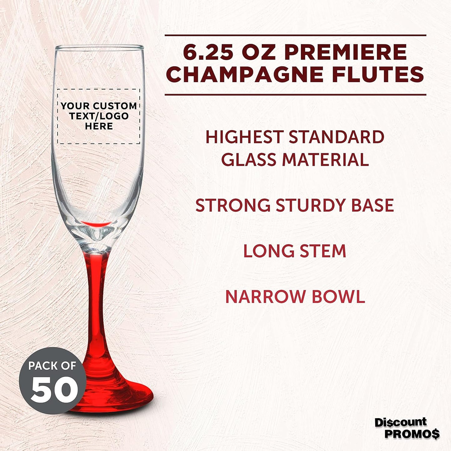 DISCOUNT PROMOS Custom Premiere Champagne Flutes 6.25 oz. Set of 50, Personalized Bulk Pack - Elegant Drinkware for Weddings, Events, & Promotional Gifts - Red