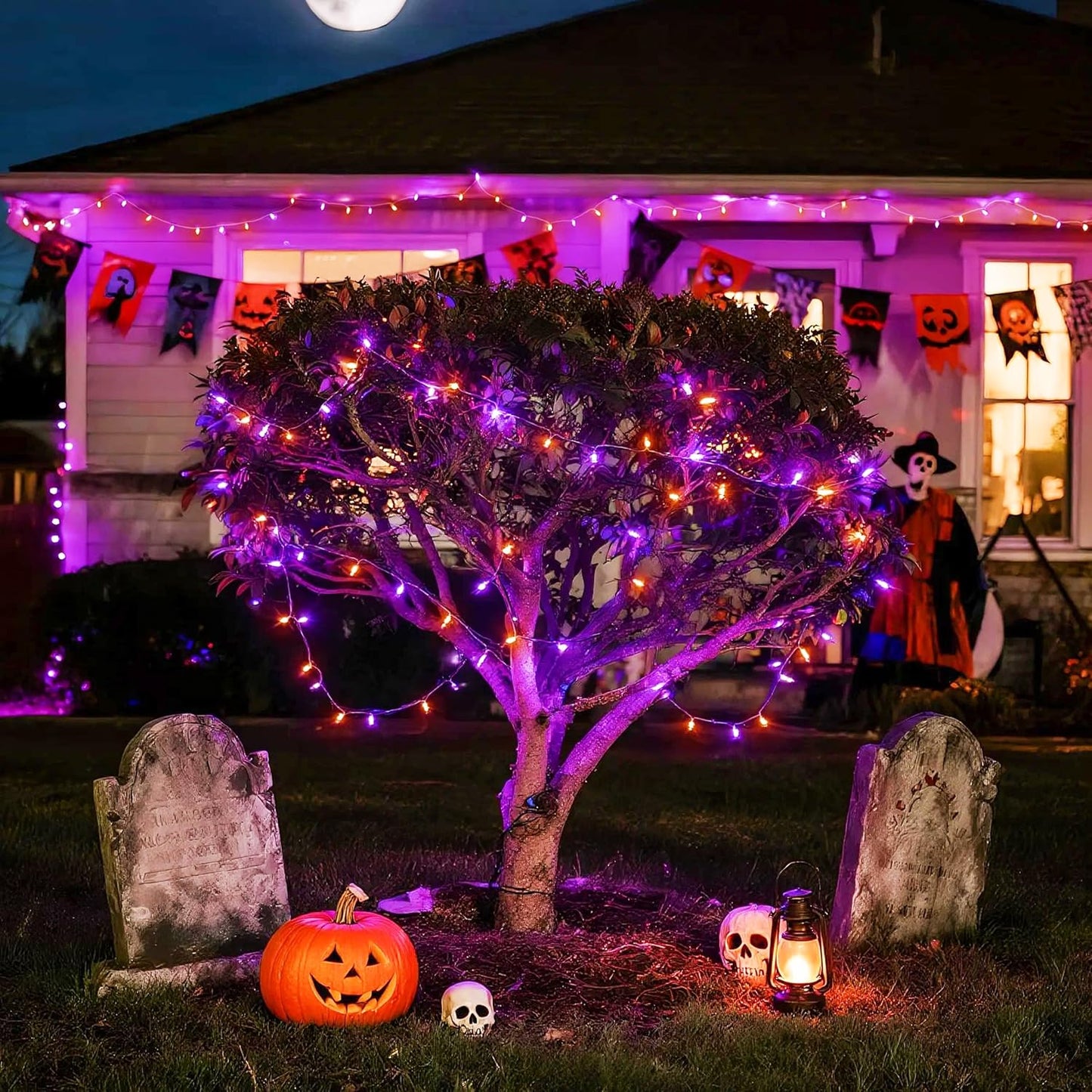 JMEXSUSS 163 FT 500 LED Halloween String Lights Indoor, Orange and Purple Halloween Lights Outdoor, 8 Modes Outdoor Waterproof Clear Wire Christmas String Light Plug in