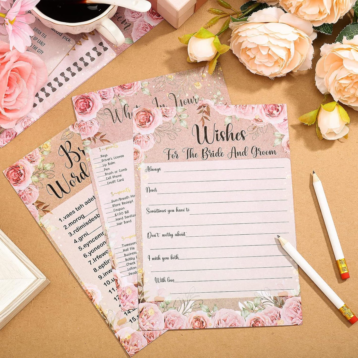 Teling 145 Pieces Bridal Shower Game Bridal Shower Favors Set Wedding Games Cards and Pencils for Bride Groom Bachelorette Party Wedding Party Favor(Rose Style)