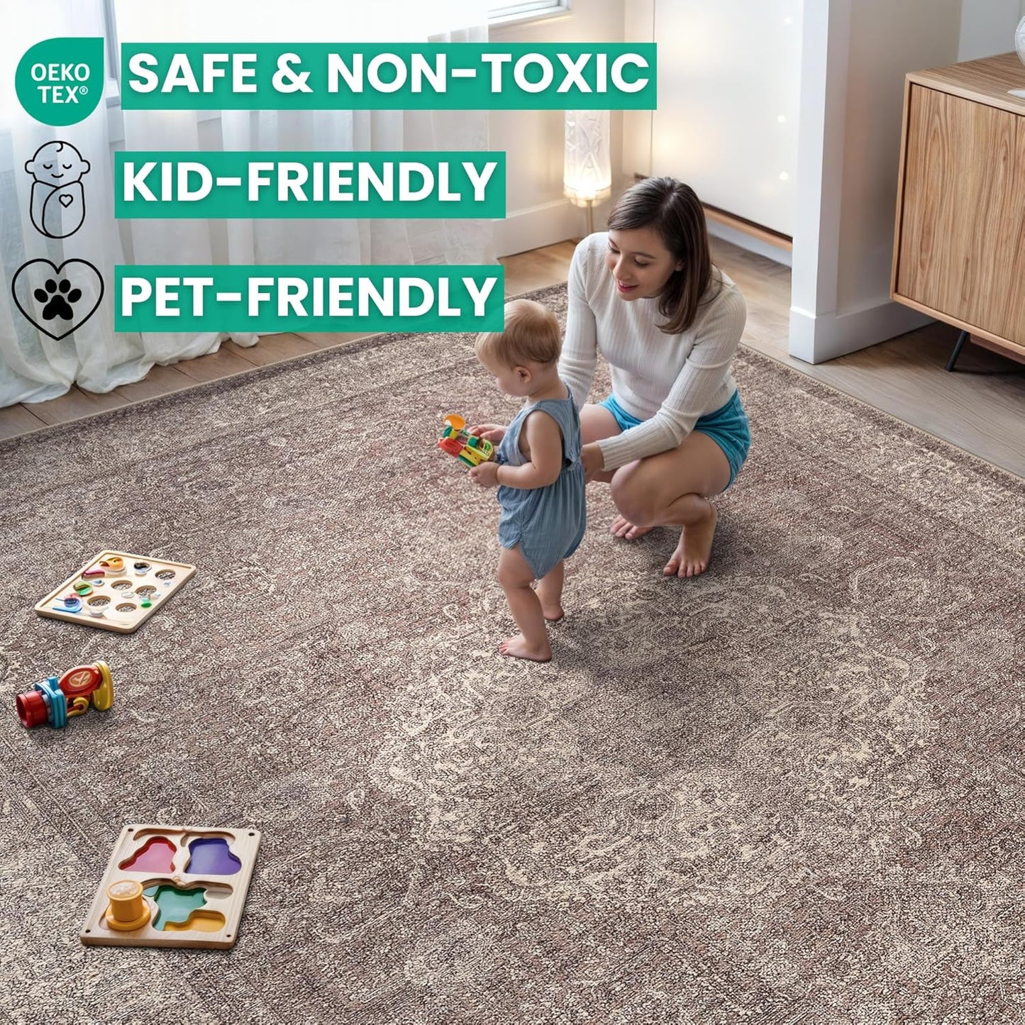 Bloom Rugs Washable Non-Slip 4' x 6' Rug - Taupe/Beige Traditional Medallion Area Rug for Living Room, Bedroom, Dining Room, and Kitchen - Exact Size: 4' x 6'