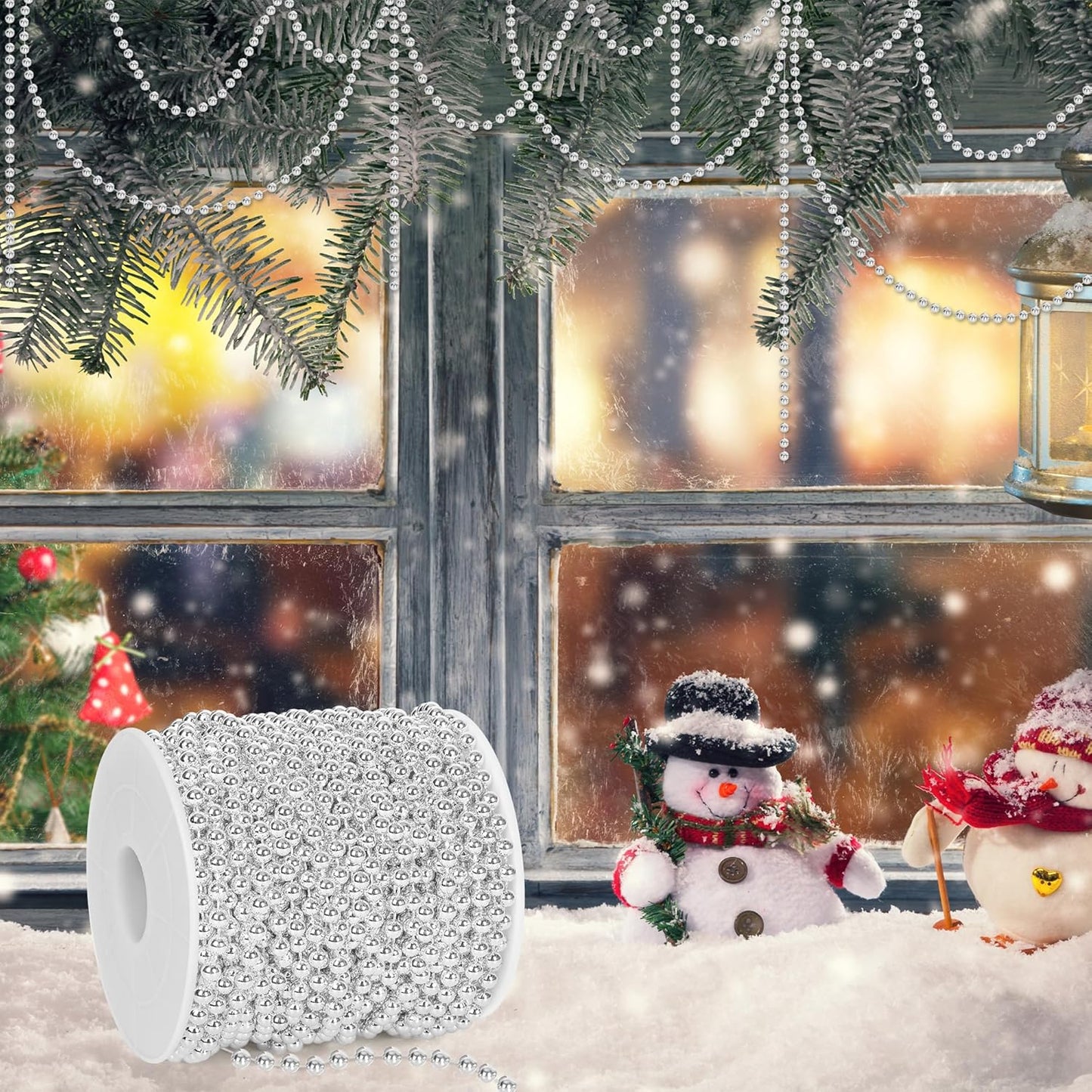100 Feet Silver Christmas Tree Decor, Christmas Tree Garland Beads, Xmas Beads Chain Decorations Artificial Pearl Garland for DIY Xmas Fireplace Home Party Decor