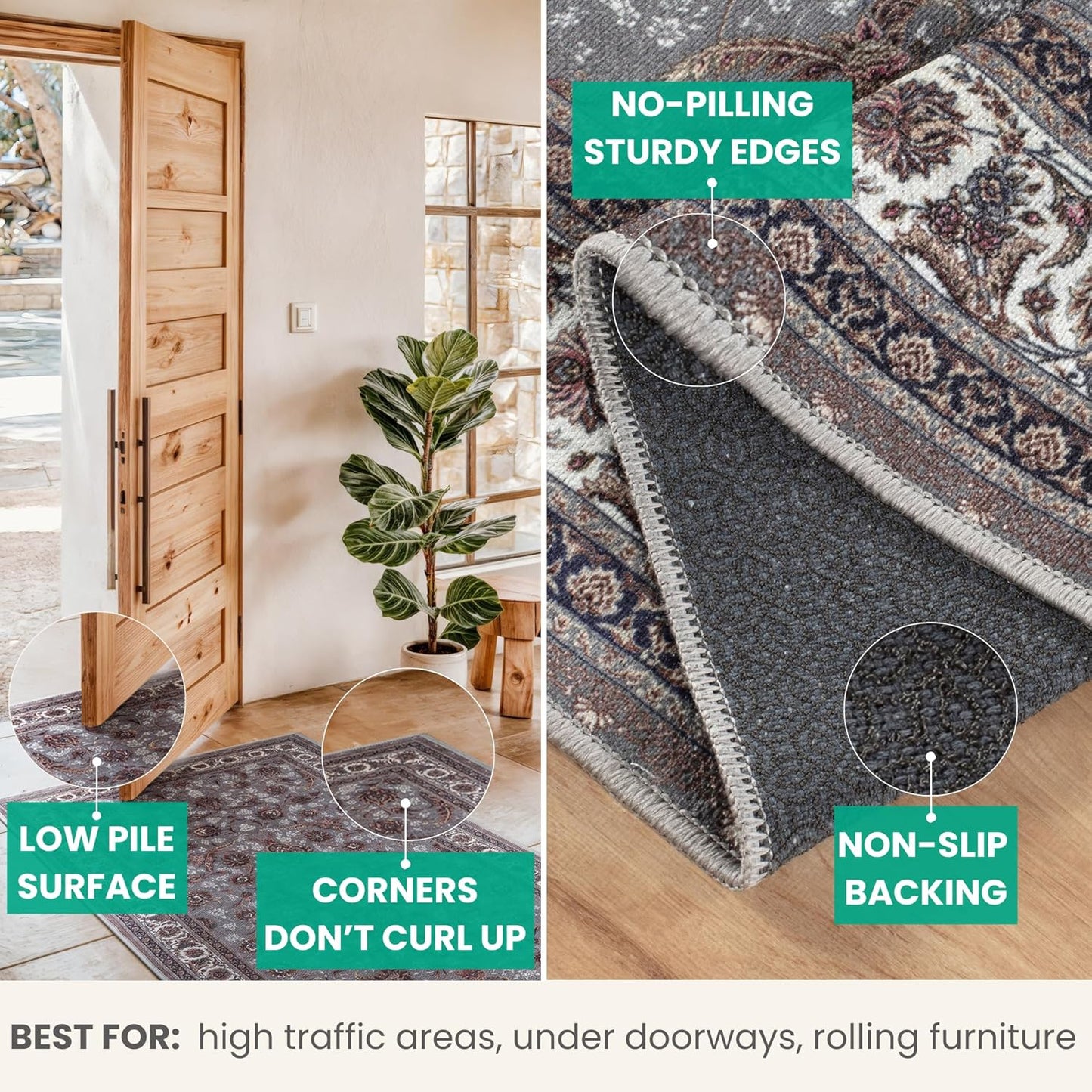 Bloom Rugs Washable Non-Slip 8' x 10' Rug - Slate Gray Traditional Oriental Area Rug for Living Room, Bedroom, Dining Room, and Kitchen - Exact Size: 8' x 10'