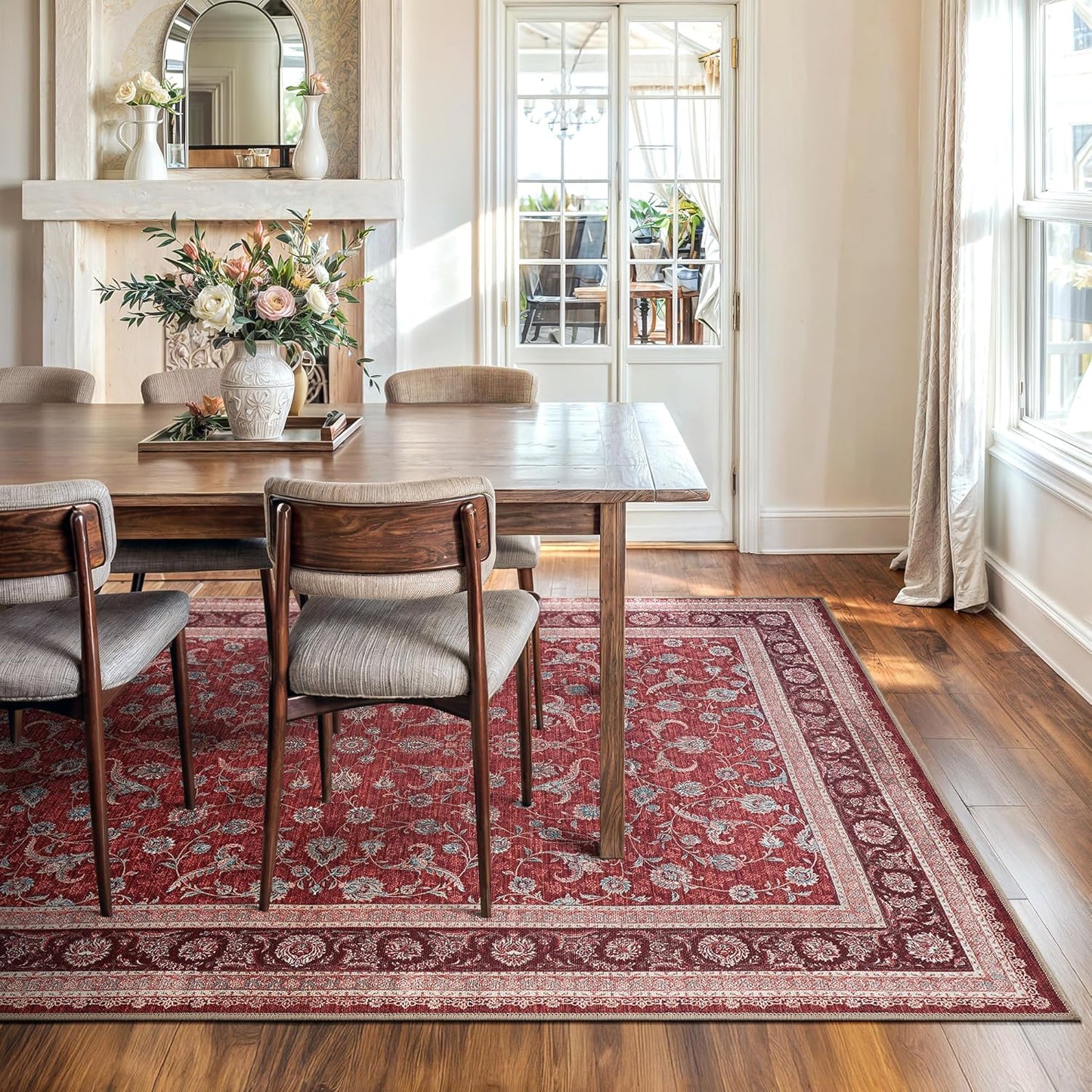 Bloom Rugs Washable Non-Slip 8' x 10' Rug - Red/Beige Traditional Bordered Area Rug for Living Room, Bedroom, Dining Room, and Kitchen - Exact Size: 8' x 10'
