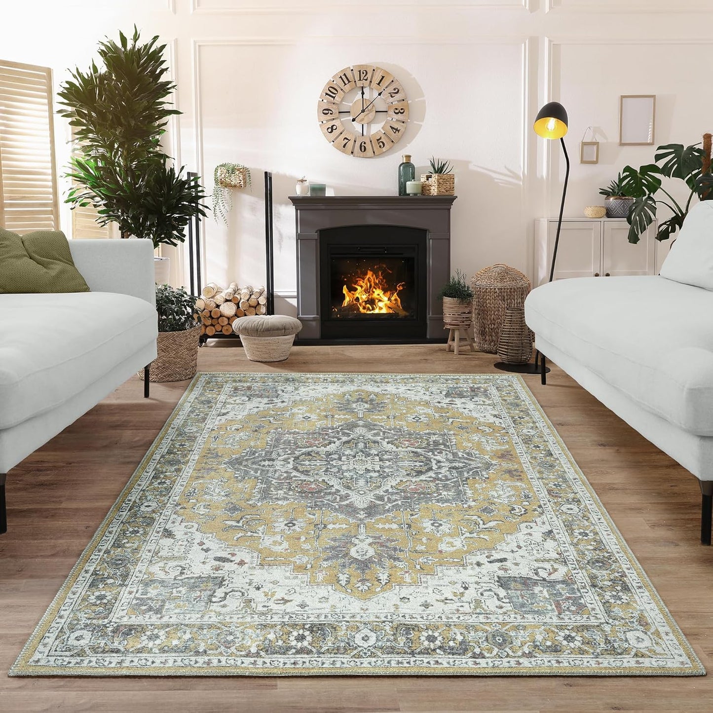 Bloom Rugs Washable Non-Slip 5' x 7' Rug - Yellow Traditional Medallion Area Rug for Living Room, Bedroom, Dining Room, and Kitchen - Exact Size: 5' x 7'