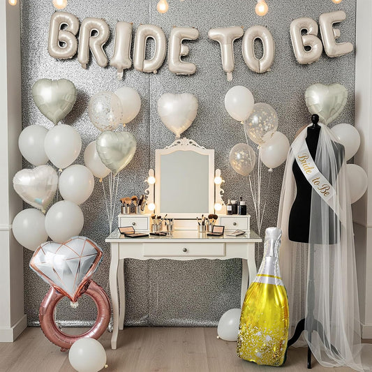 Cream White bridal shower Decorations with BRIDE TO BE letter Balloons & bridal Sash Diamond Ring Heart shape and Champagne Balloons Bridal Veil for Bachelorette Party Decor Bride To Be supplies