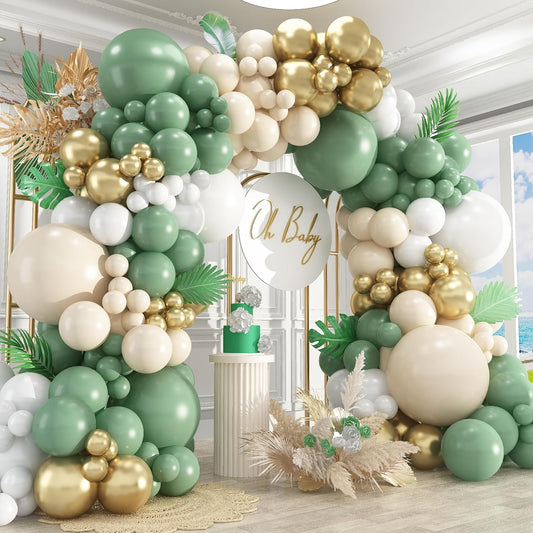412Pcs Sage Green White Sand Gold Balloons Garland Arch Kit,18 12 10 5 Inch Different Sizes Balloons for Baby Shower Wedding Birthday Gender Reveal Party Decoration