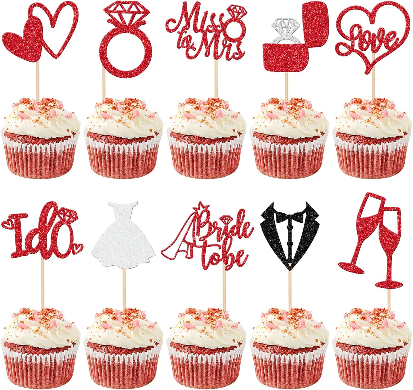 30 PCS Bride to Be Cupcake Toppers Glitter Miss to Mrs I Do Love Heart Ring Cupcake Picks Wedding Bridal Shower Cake Decorations for Wedding Engagement Bachelorette Party Supplies Red
