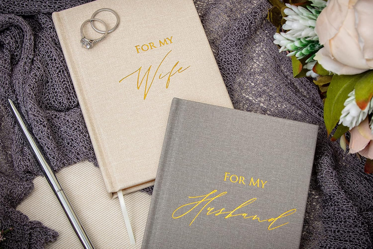 MUUJEE Hard Cover Vow Books (Set of 2) - Foil Embossed Wedding Ceremony Vow Renewal Speech Books, Couple Gifts for Engagement (For My Husband/Wife)