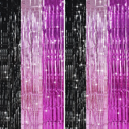 TONIFUL Black Pink Hot Pink Door Streamers,Black and Pink Photo Booth Backdrop Metallic Streamers Foil Fringe Curtain for Birthday,New Year,Graduation,Grad,Baby Shower Party Streamers Decoration