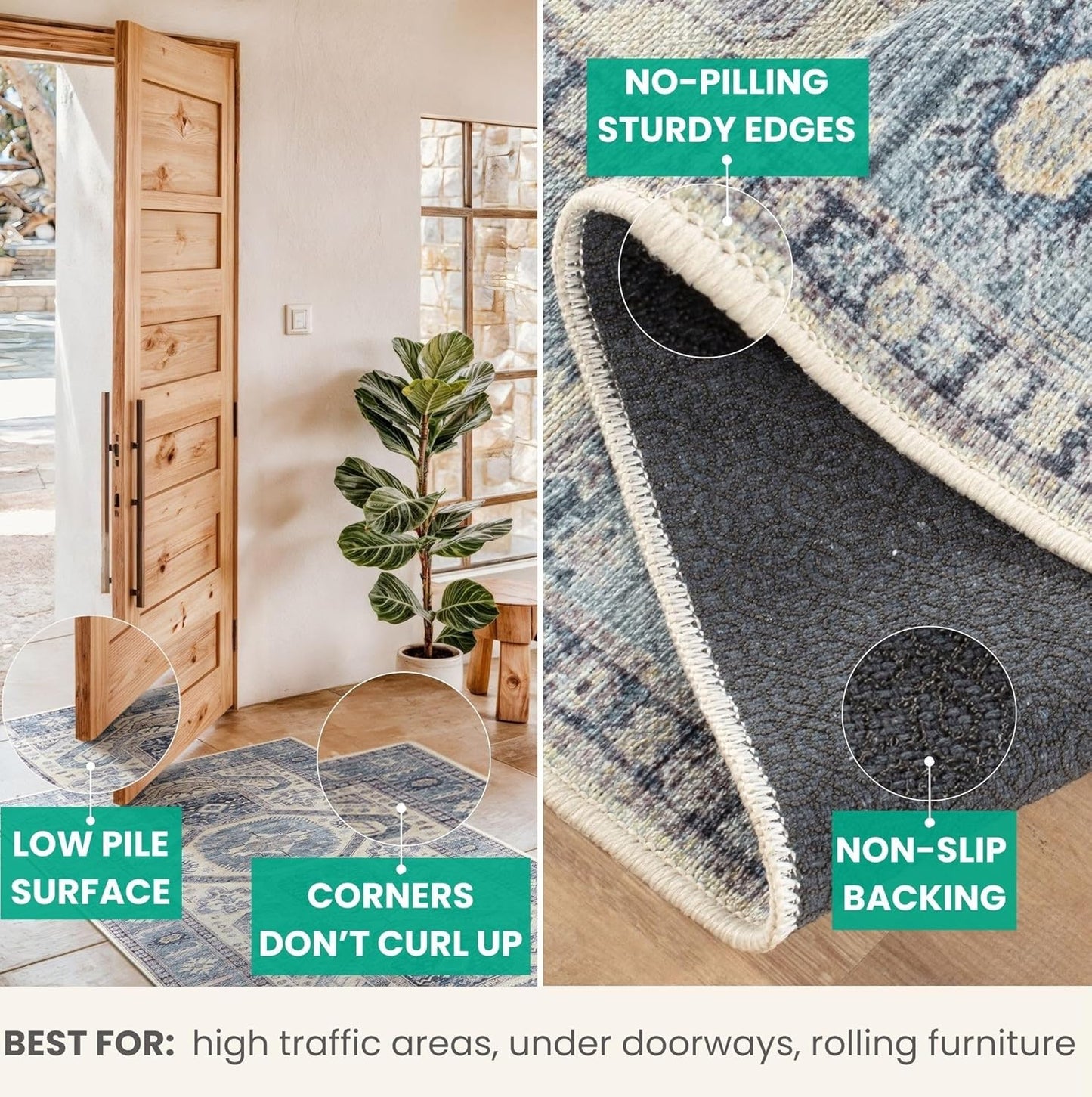 Bloom Rugs Washable Non-Slip 9' x 12' Rug - Blue/Beige Traditional Oriental Area Rug for Living Room, Bedroom, Dining Room, and Kitchen - Exact Size: 9' x 12'