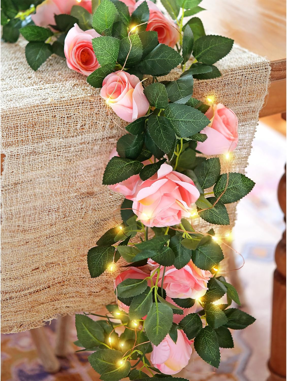FiveSeasonStuff 29 Ft 4 Pack Amaranth Light Pink Rose Silk Flower Garland Artificial Flowers Decoration Hanging Floral with 66 feet String Lights