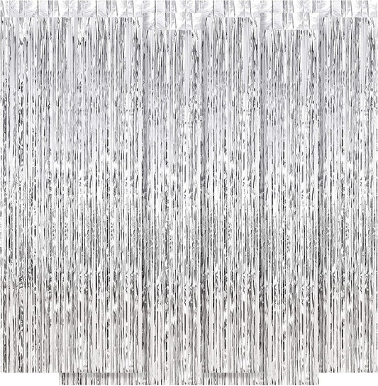 5 Pack Silver Fringe Backdrop 3.2ft x 8.2ft Silver Foil Fringe Curtains Party Tinsel Curtain Backdrop Streamers for Birthday Party Decoration Wedding Christmas Decoration (Silver)