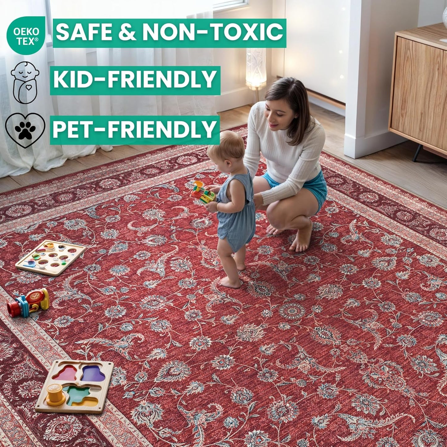 Bloom Rugs Washable Non-Slip 3' x 5' Rug - Red/Beige Traditional Bordered Area Rug for Living Room, Bedroom, Dining Room, and Kitchen - Exact Size: 3' x 5'