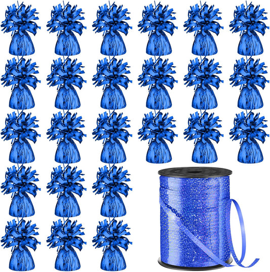 24 Pcs Balloon Weights Metallic Anchor Balloon Holder for Helium Balloons Heavy Table Weights and 1 Roll Iridescent Crimped Ribbon for Birthday Wedding Halloween Christmas Party(Blue)
