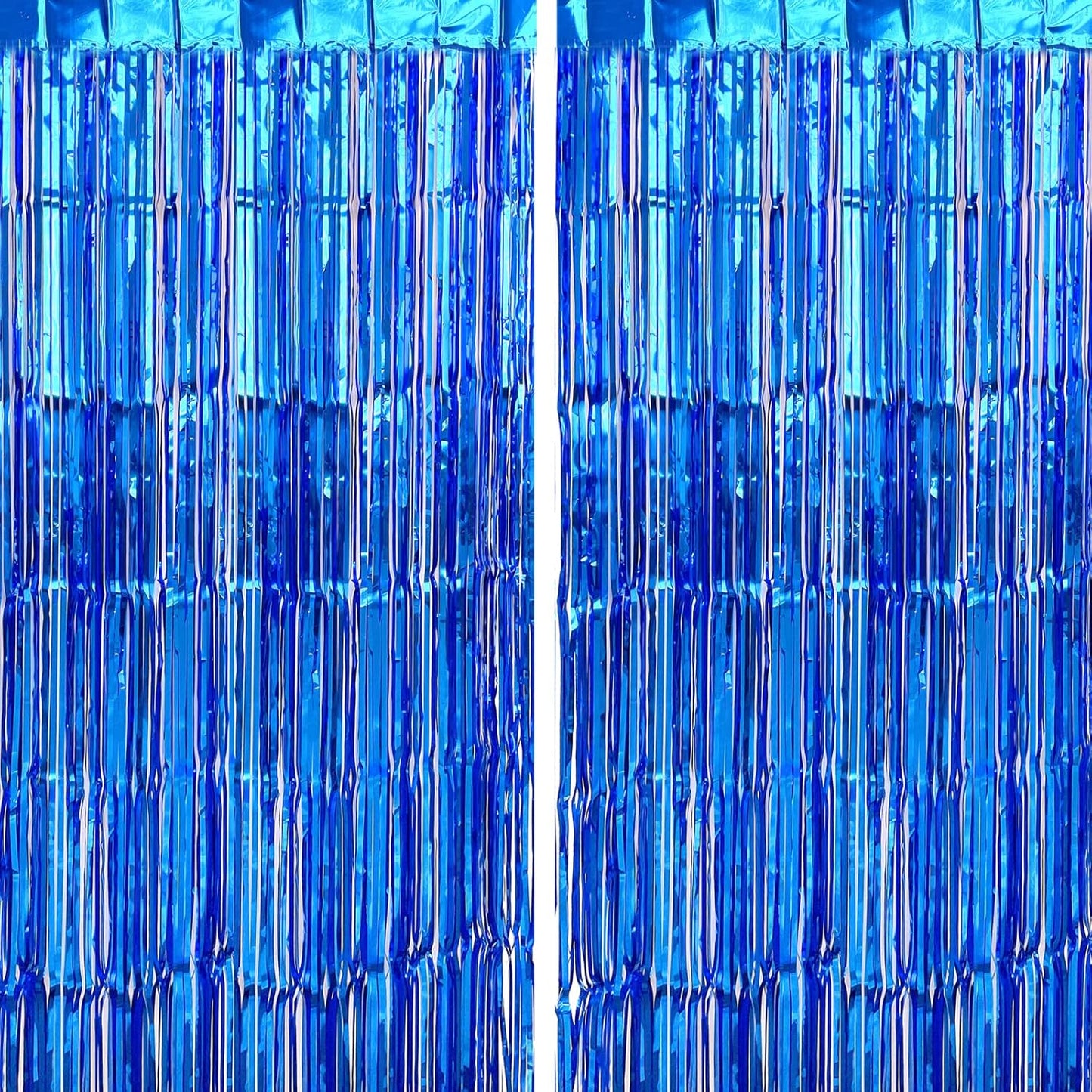 CHRORINE 2pcs 1m x 2.5m Blue Metallic Tinsel Foil Fringe Curtains, Party Streamers Backdrop for Kids Boy Birthday Baby Shower Bachelorette Bridal Shower Blue Party Decorations