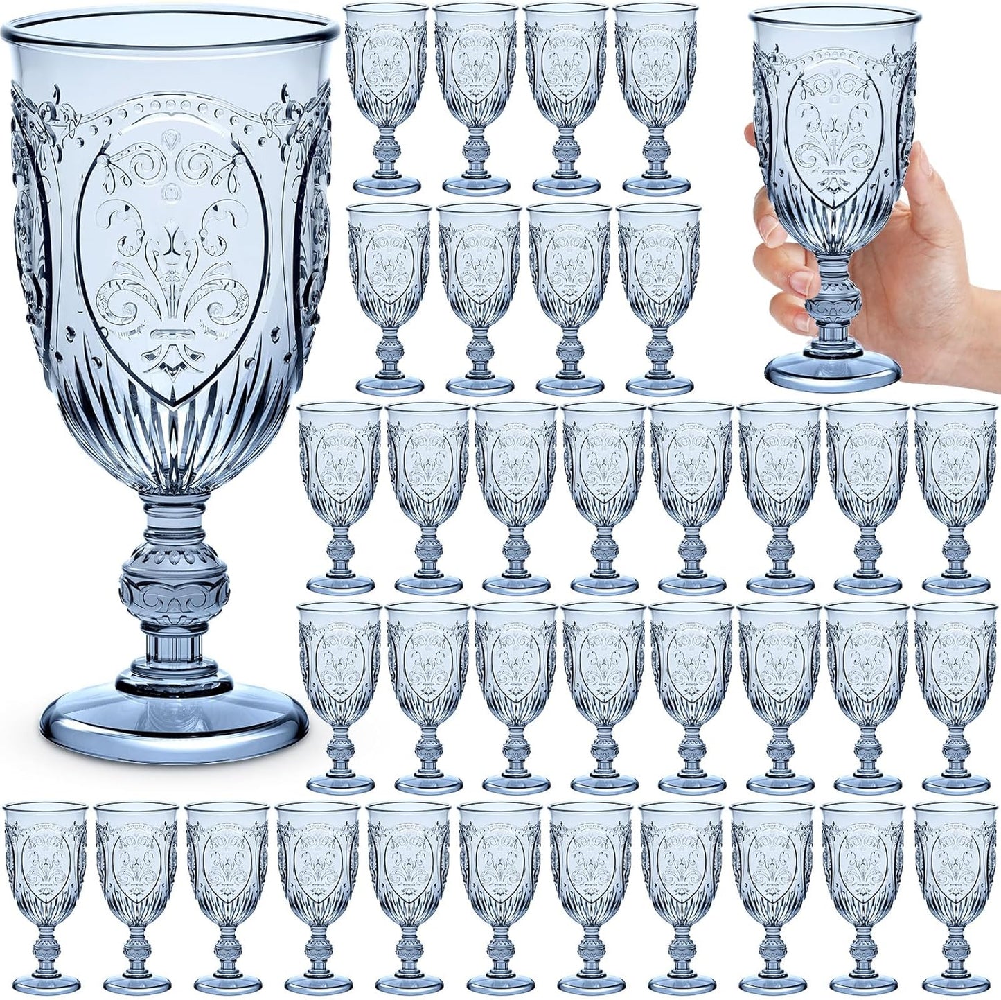 36 Pack Plastic Goblets 10oz Upgrade Vintage Water Goblet Plastic Wine Glasses Colored Retro Embossed Glassware for Party Wine Bar Juice Baby Shower Wedding Reception Grand (Blue)