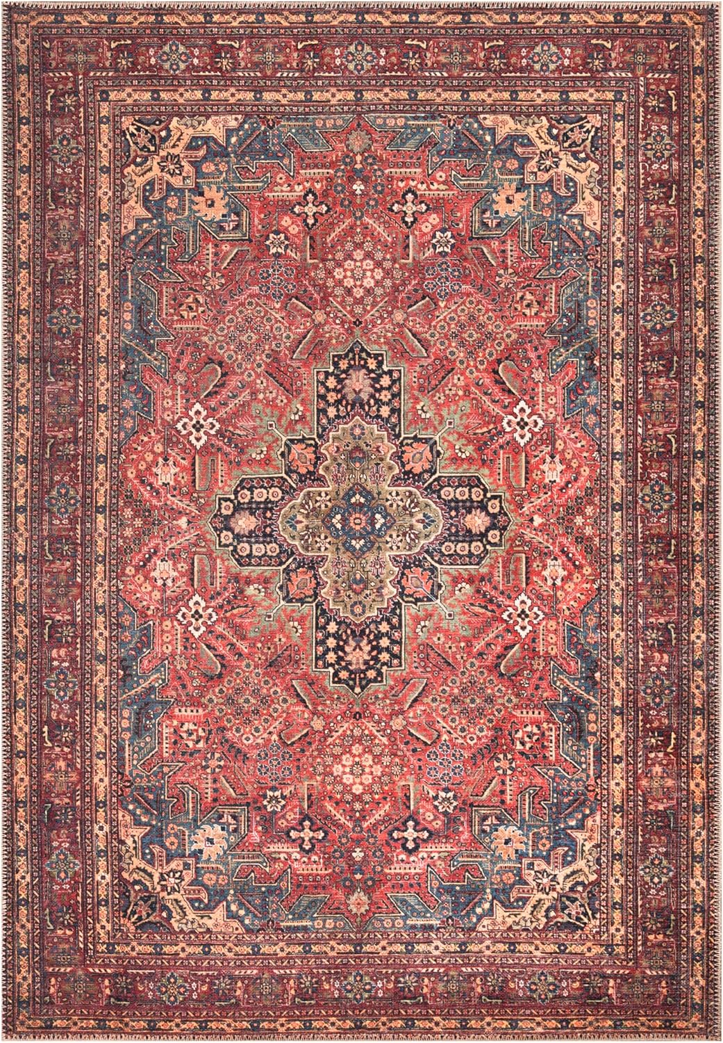 Bloom Rugs Washable Non-Slip 2' x 3' Rug - Red/Teal Blue/Yellow Traditional Medallion Area Rug for Living Room, Bedroom, Dining Room, and Kitchen - Exact Size: 2' x 3'