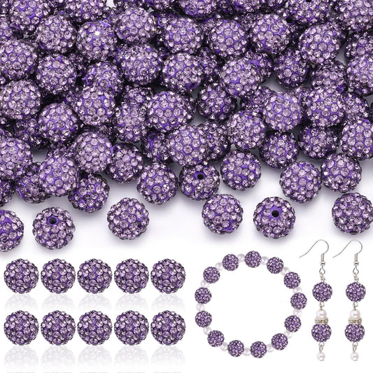 160pcs 10mm Rhinestone Beads for Jewelry Making, Purple Shiny Round Disco Ball Beads Bulk, Sparkle Crystal Clay Christmas for Bracelet Baseball Necklace Earring Crafting and DIY