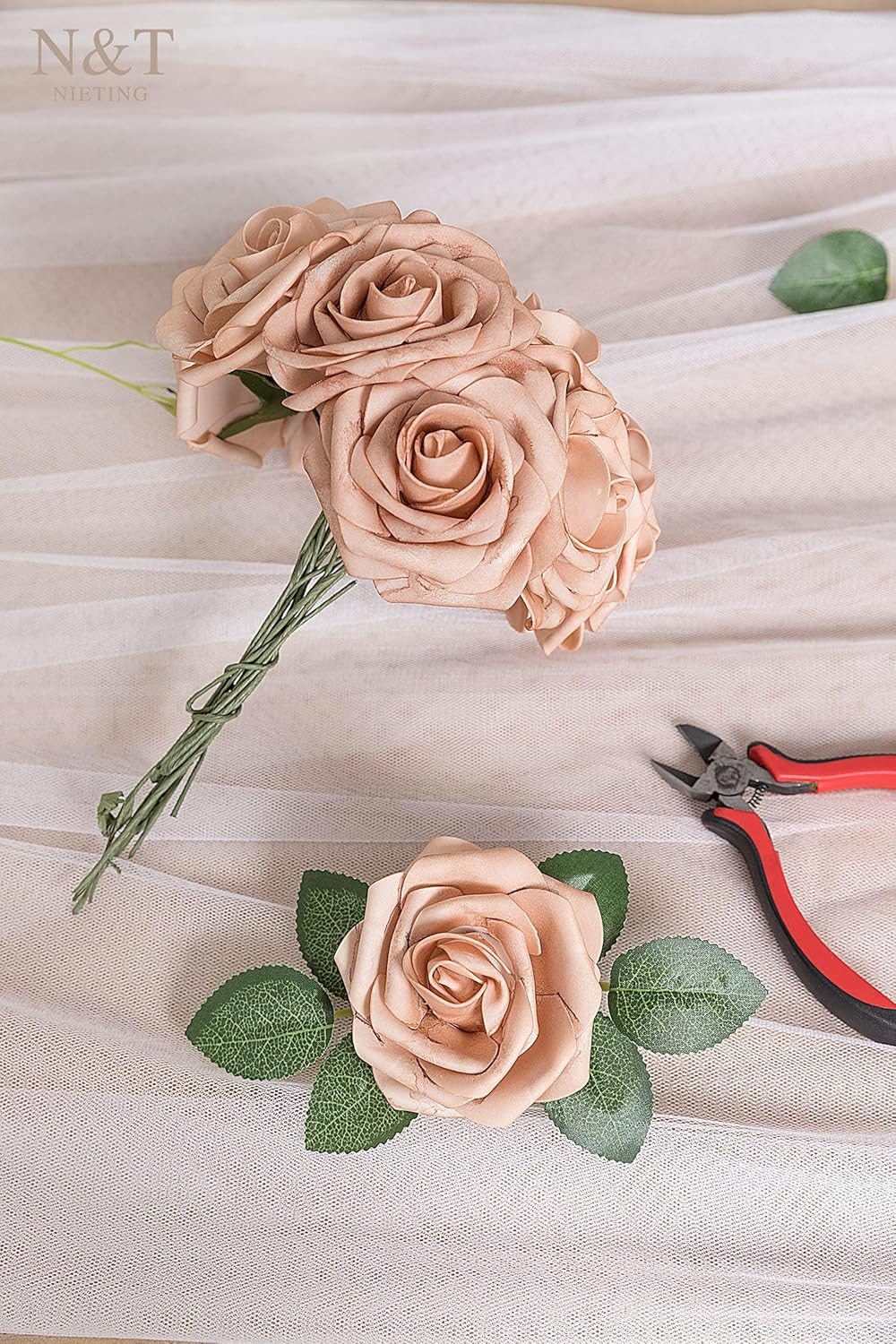 N&T NIETING Artificial Flowers, 50pcs Foam Roses Fake Brown Flowers for DIY Wedding Bouquet Party Baby Shower Decoration Home Display,Dusty Brown