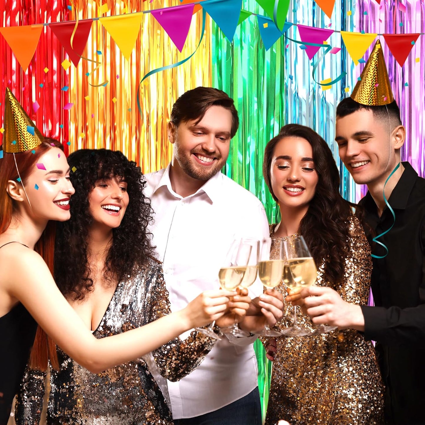 Crosize 2 Pack 3.3 x 8.2 ft Rainbow Foil Fringe Curtains Party Decorations, Tinsel Curtain Backdrop for Parties, Door Streamers, Glitter Streamer Fringe Backdrop for Birthday Decoration