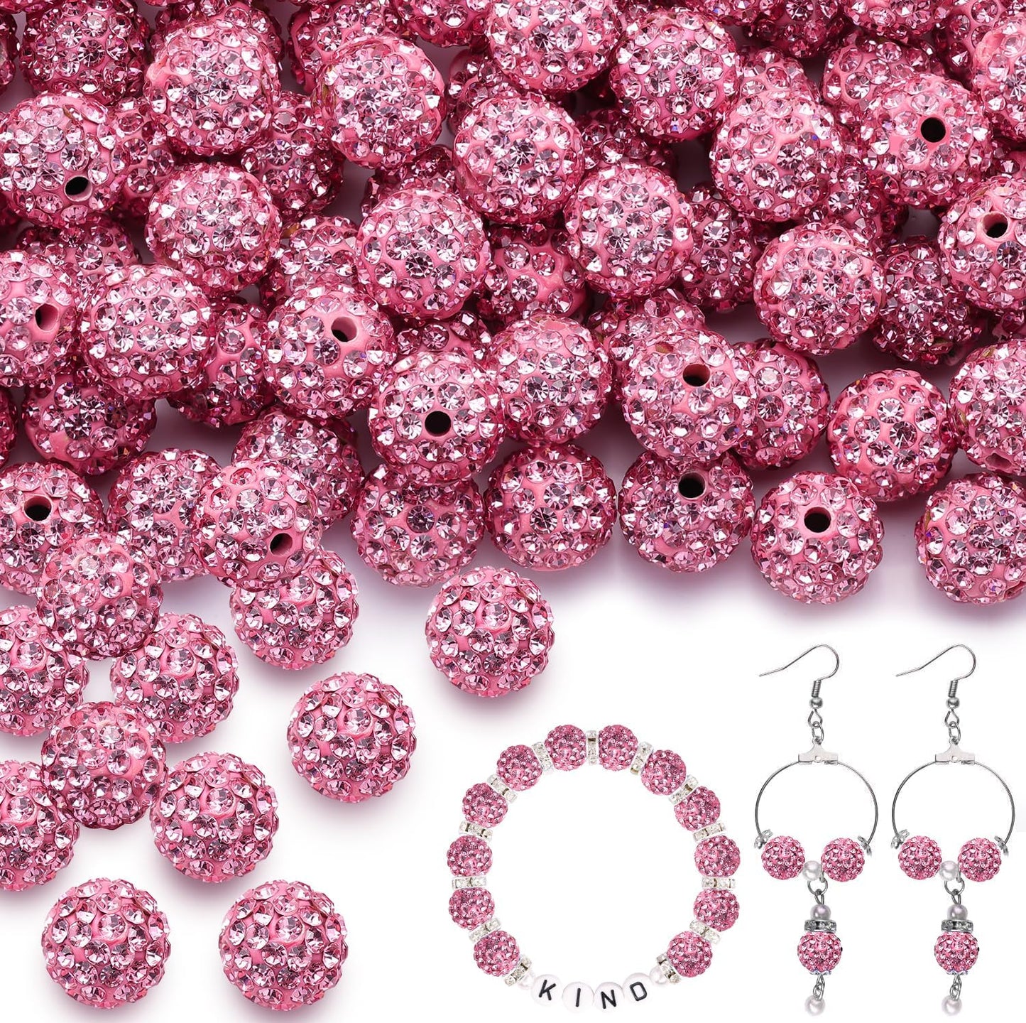 200pcs 10mm Dark Pink Rhinestone Beads for Jewelry Making, Shiny Round Shamballa Disco Ball Beads Bulk, Sparkle Crystal Clay Christmas for Bracelet Baseball Necklace Earring Crafting and DIY