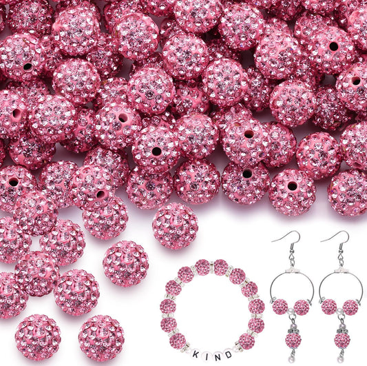 150pcs 10mm Rhinestone Beads for Jewelry Making, Dark Pink Shiny Round Shamballa Disco Ball Beads Bulk, Sparkle Crystal Clay Christmas for Bracelet Baseball Necklace Earring Crafting and DIY