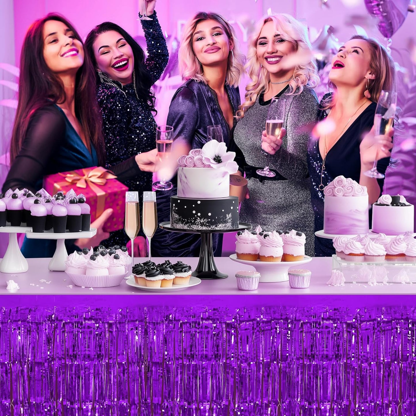 2 Pack Dark Purple Table Skirts, 29x108" Metallic Foil Tinsel Fringe Table Skirts for Rectangle Tables Streamer Curtains Backdrop, Party Decorations for Birthdays Weddings Holidays