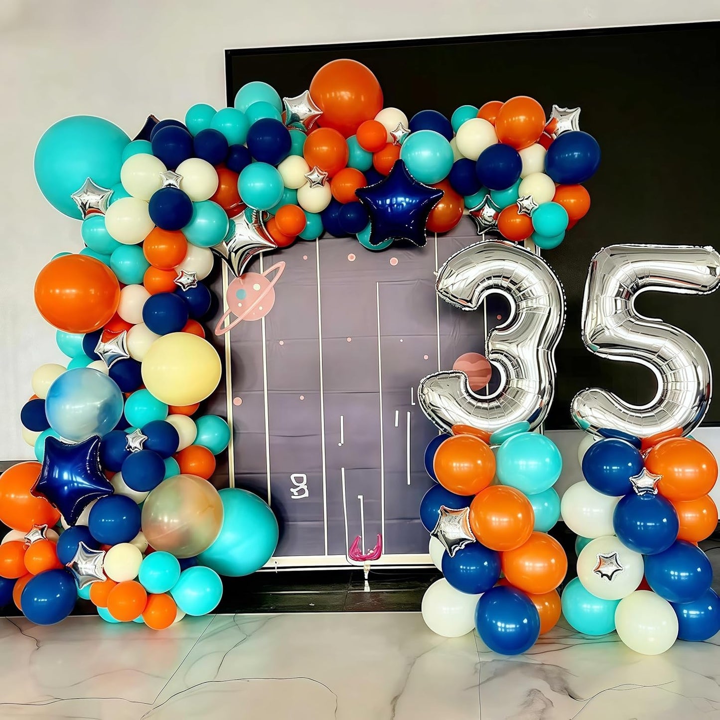 Blue Orange Balloons, 12 Inch Teal Navy Bule Balloons with Metallic Silver Balloon for Kids Boys Girls Birthday Thanksgiving Fall Graduation Basketball Outer Space Astronaut Theme Party Decorations