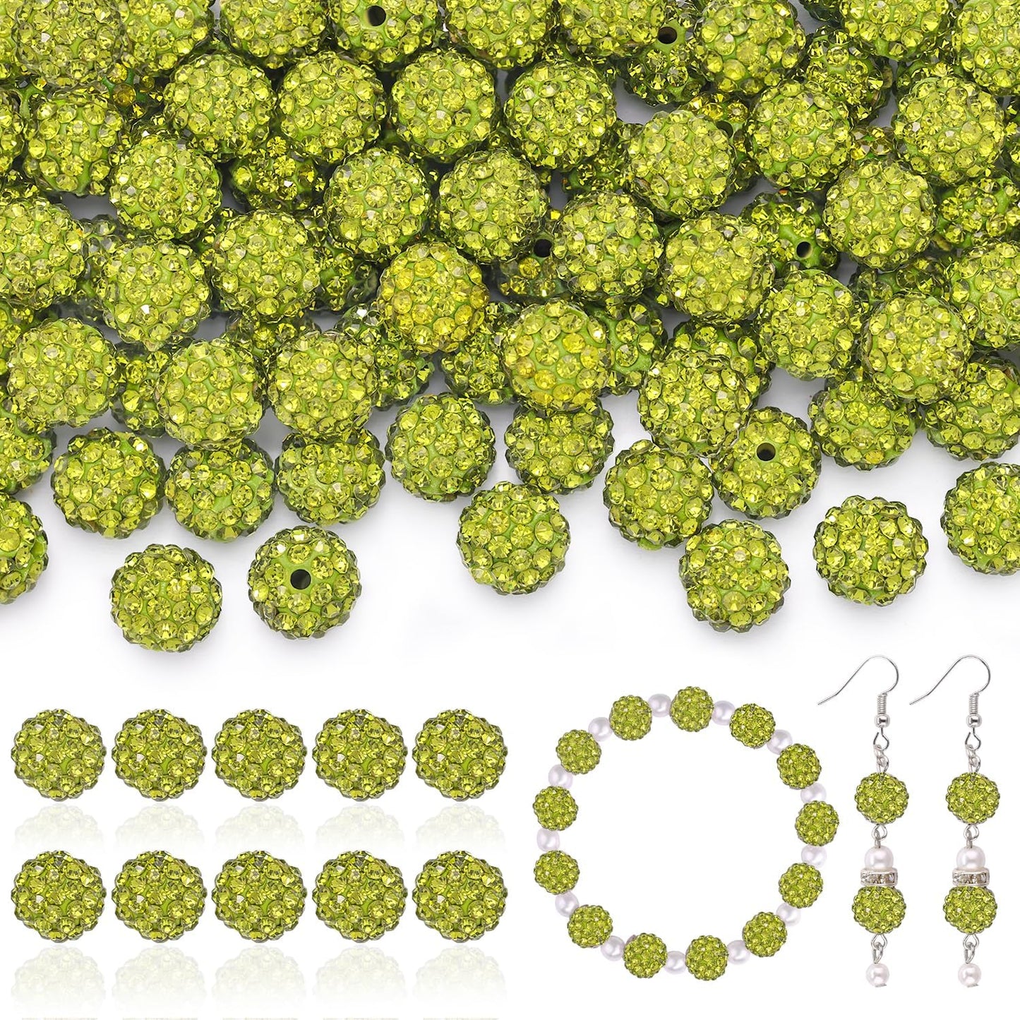 200pcs 10mm Rhinestone Beads for Jewelry Making, Olivine Shiny Round Disco Ball Beads Bulk, Sparkle Crystal Clay Christmas for Bracelet Baseball Necklace Earring Crafting and DIY