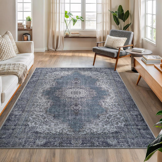 Bloom Rugs Washable Non-Slip 5' x 7' Rug - Dark Teal Traditional Medallion Area Rug for Living Room, Bedroom, Dining Room, and Kitchen - Exact Size: 5' x 7'