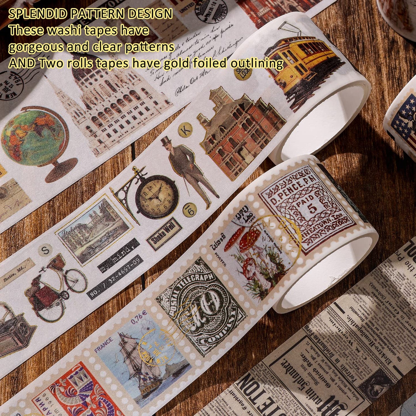 24 Rolls Vintage Washi Tape Set, Antique Car Buildings Map Stamp Stripe Writable Aesthetic Washy Decorative Tapes for Scrapbooking, Junk Journal Supplies, Bullet Journaling 5-75mm Wide (3m Long)/Roll