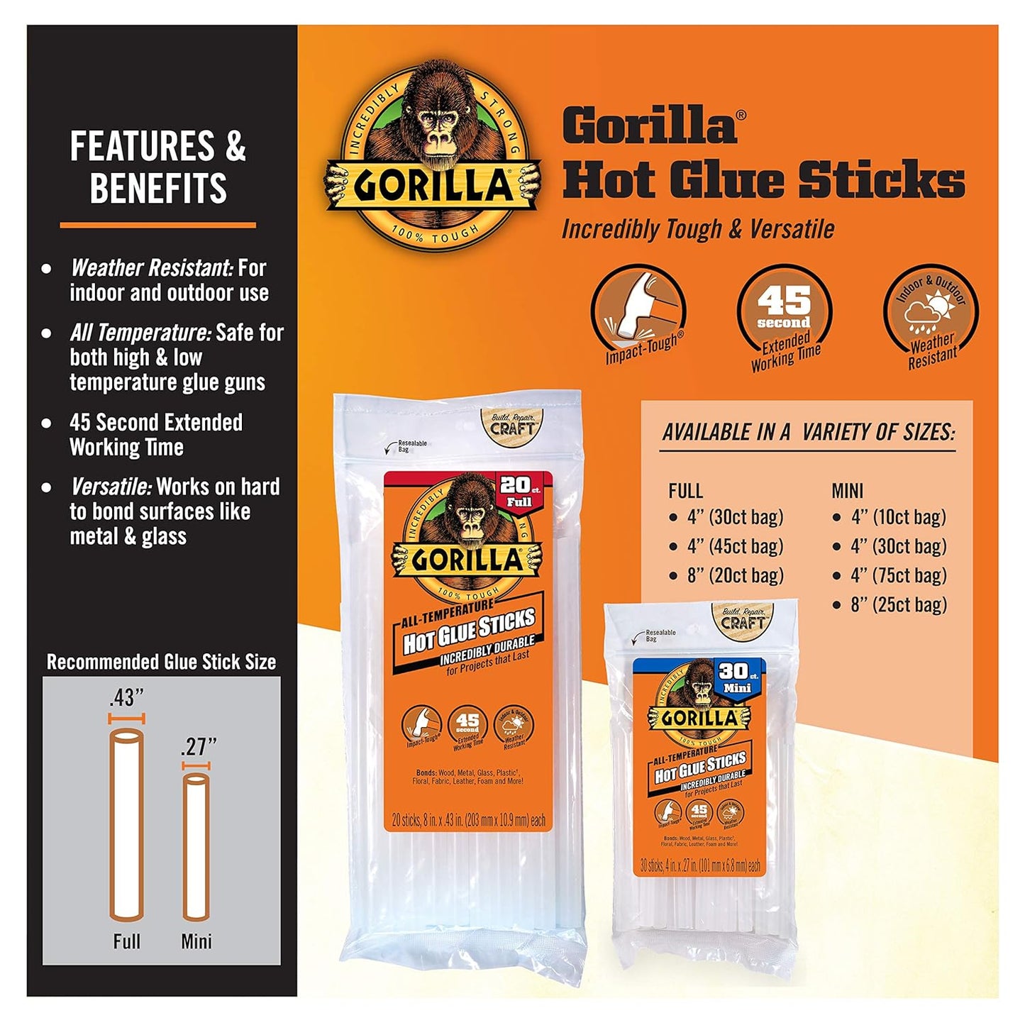 Gorilla Hot Glue Sticks, Clear Glue, Mini Size 4" Long x 0.27" Diameter, 30 Count (Pack of 12) - Safe for All Temperatures with Extended Working Time