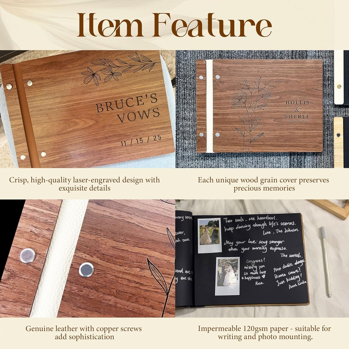 Customized Wooden Guest Book for Weddings, Funerals & Events - Personalized Keepsake Memory Book with Engraved Name & Design (A5-5.83×8.27inch)