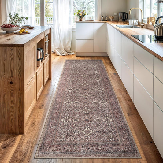 Bloom Rugs Washable Non-Slip 12 ft Runner - Beige Traditional Bordered Runner for Entryway, Hallway, Bathroom, and Kitchen - Exact Size: 2.5' x 12'