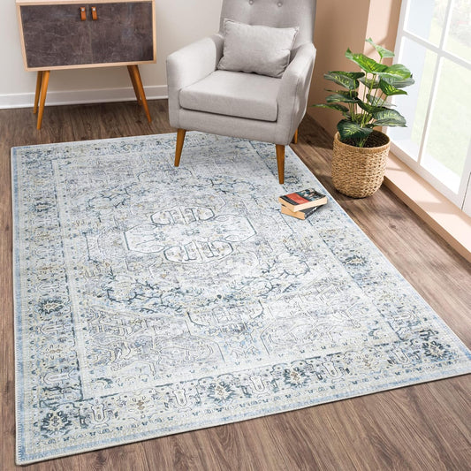 Bloom Rugs Washable Non-Slip 4' x 6' Rug - Cream/Light Blue/Teal Traditional Medallion Area Rug for Living Room, Bedroom, Dining Room, and Kitchen - Exact Size: 4' x 6'