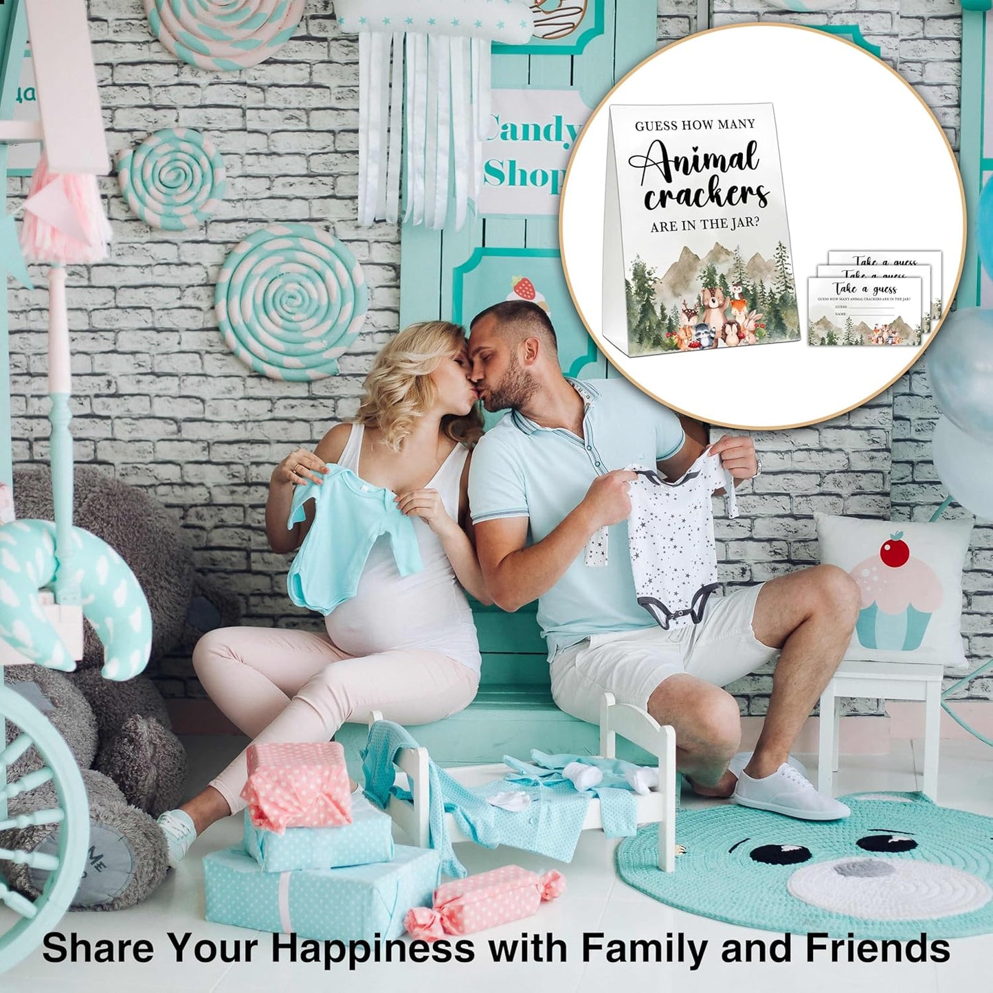 Woodland Baby Shower Game, Guess How Many Animal Crackers, Jungle Animal Safari 1 Standing Sign with 50 Cards for Gender Neutral Baby Shower - A01