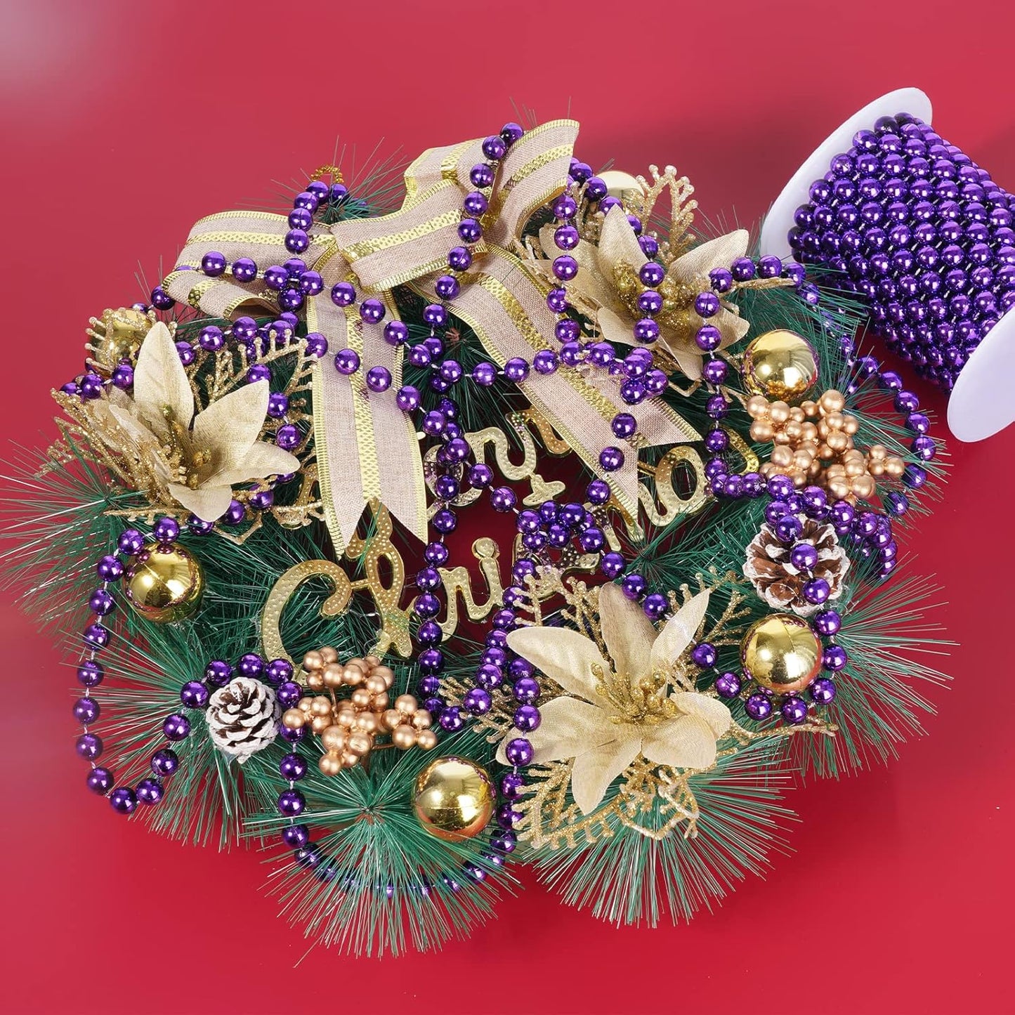 Faux Purple Pearl Beads Garland - 11 Yards, 10mm Christmas Tree Beads for Wedding Party Decoration