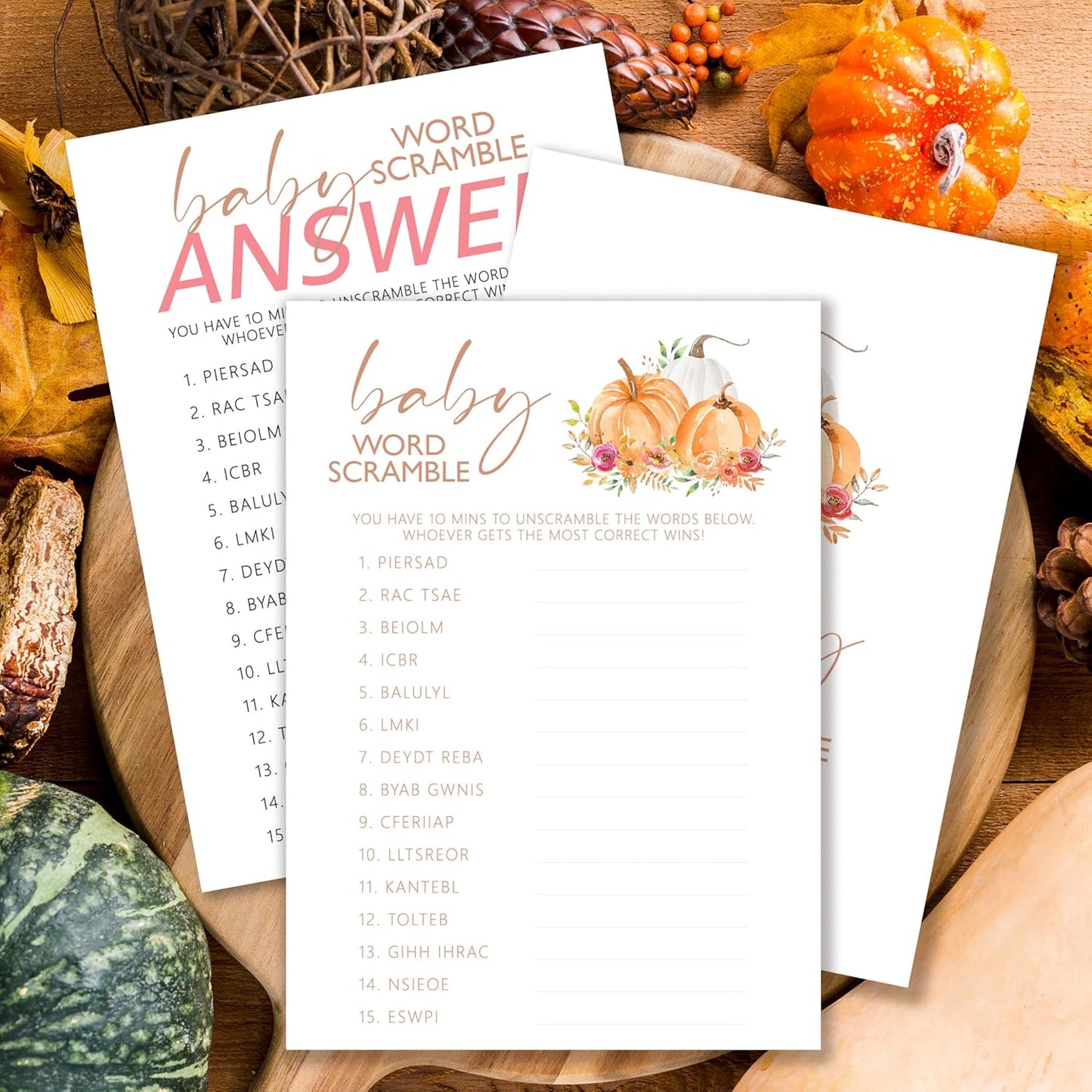 Baby Shower Games, Thanksgiving Baby Word Scramble + 1 Answer Card, 25 Sets Baby Gender Reveal Party Decorations Supplies - E07