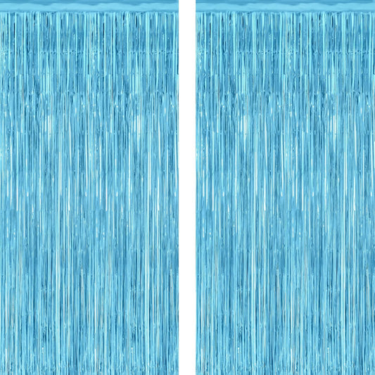 2 Pack Backdrop Curtains, 3.28 Feet x 7.05 Feet Sky Blue Tinsel Backdrop, Metallic Fringe Curtains Foil Tinsel Party Streamer, Winter Backdrop Happy Birthday Party Supplies