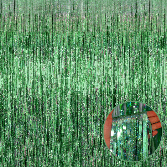 4 Pack Light Green Tinsel Foil Fringe Curtain Backdrop, 3.28Ft x 8.2Ft Metallic Streamers for Photo Booth Props Wedding Bridal Shower Bachelorette Birthday Halloween Christmas Party Decoration