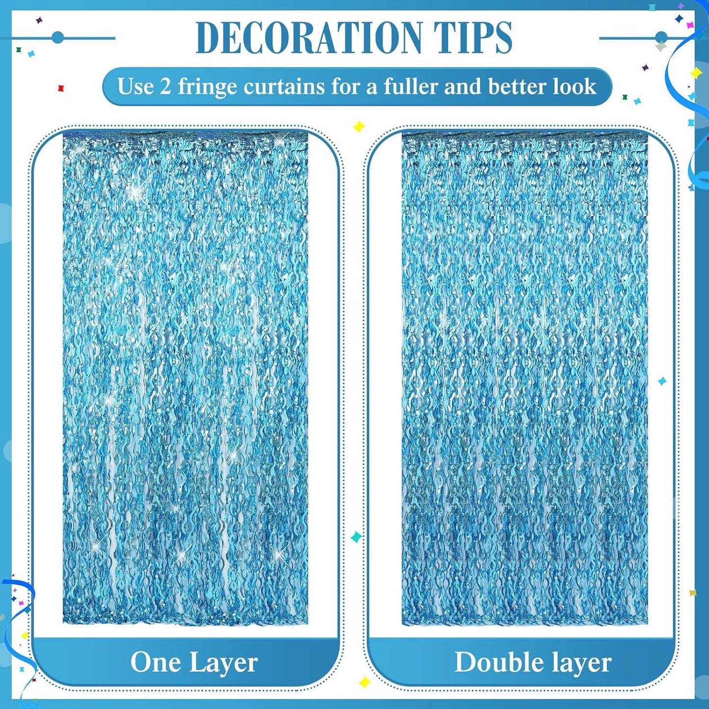 10 Pieces 3.3 x 6.6 Ft Foil Fringe Backdrop Party Wavy Tinsel Fringe Curtain Streamer for Happy New Year Carnival Party Favor 80s 90s Disco Ocean Sea Mermaid Birthday Wedding(Blue)