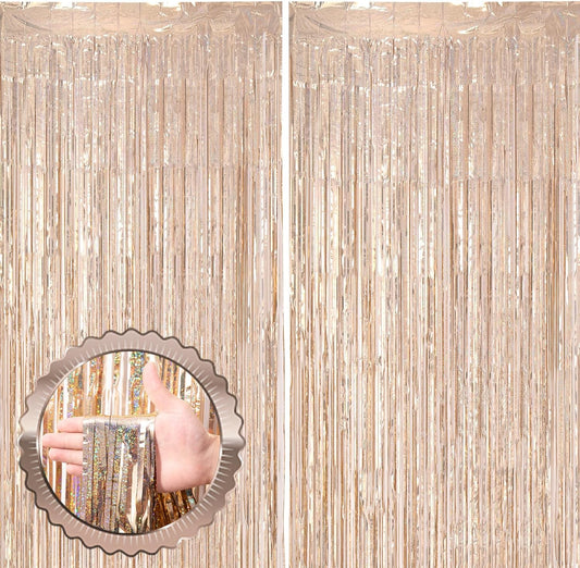 2 Pack Champagne Gold Tinsel Foil Fringe Curtains, Champagne Party Decorations, Metallic Tinsel Party Streamers Backdrop for Birthday Baby Shower Graduation Wedding Party Decorations