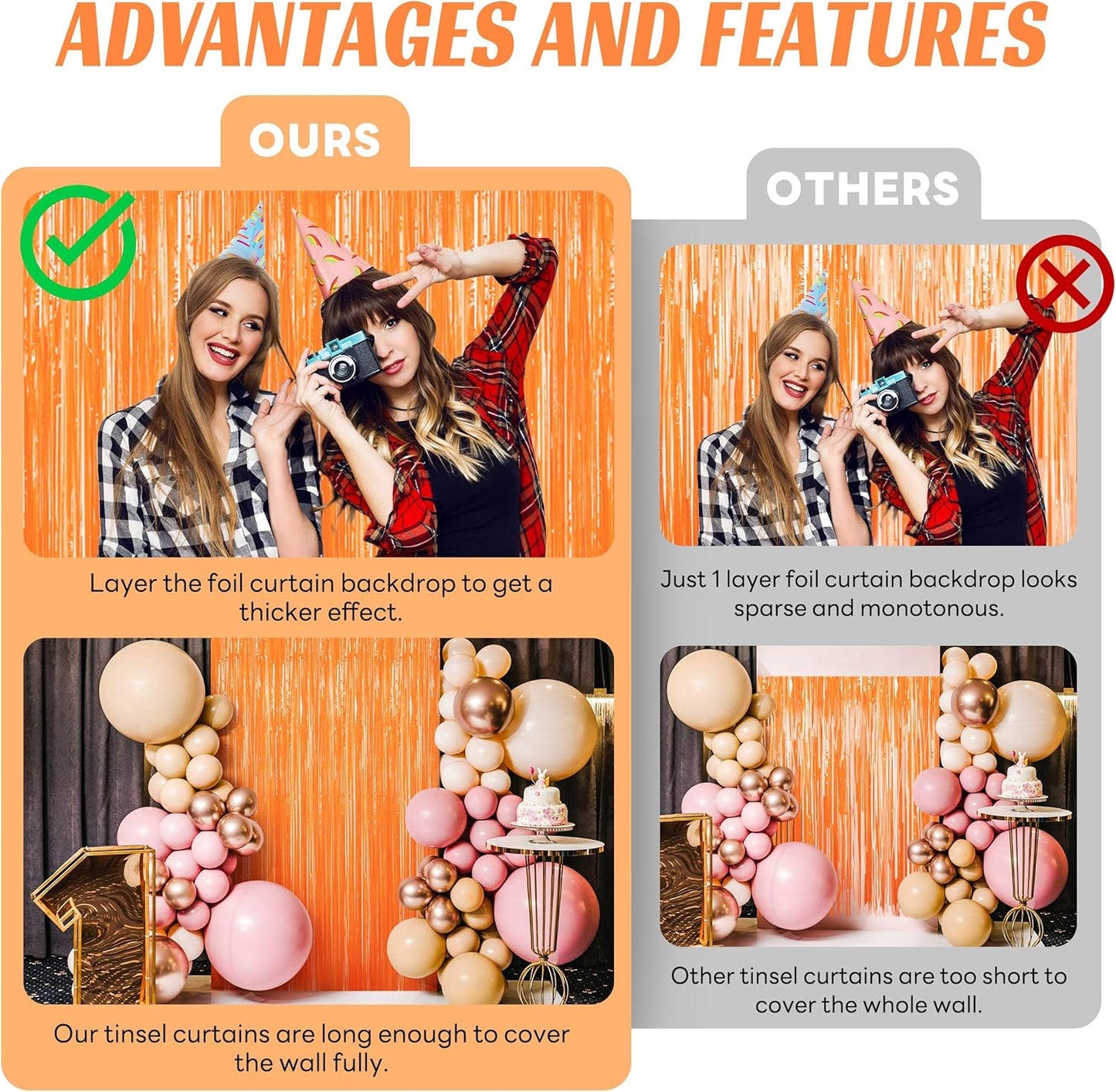 BTSD-home Orange Foil Fringe Curtain, Metallic Photo Booth Backdrop Tinsel Door Curtains for Wedding Birthday Bridal Shower Baby Shower Bachelorette Christmas Party Decorations(4 Pack, 8ft x 3ft)