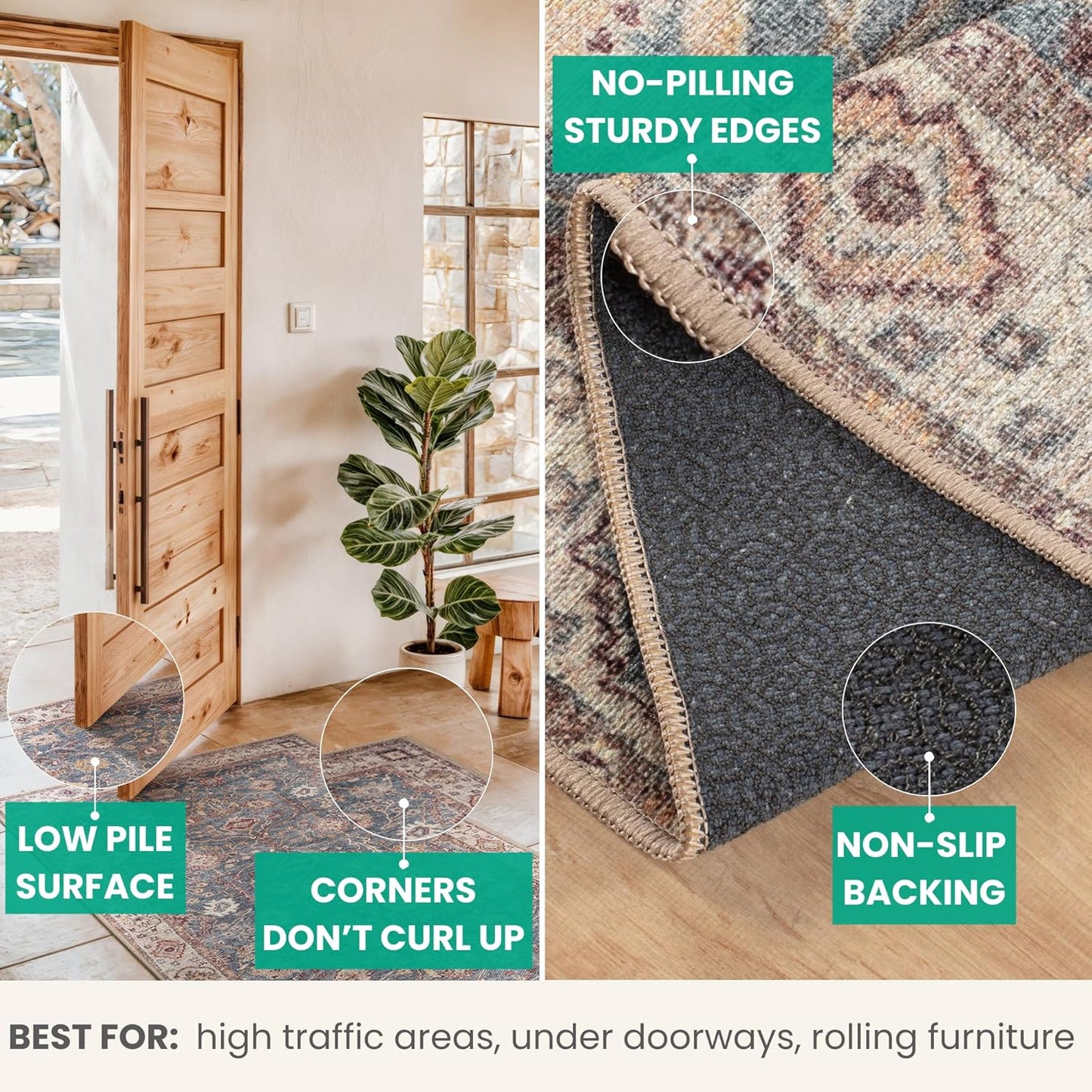 Bloom Rugs Washable Non-Slip 12 ft Runner - Beige/Blue Traditional Bordered Runner for Entryway, Hallway, Bathroom, and Kitchen - Exact Size: 2.5' x 12'